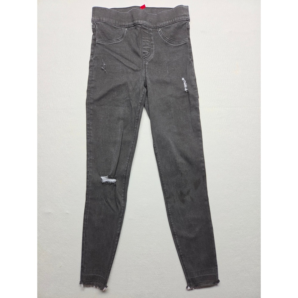 Spanx Jean-ish Ankle Leggings Charcoal Gray Distressed Frayed Hem Small